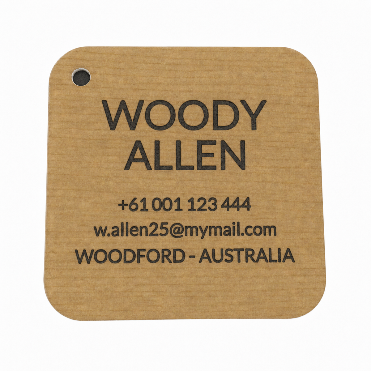 Cashew timber-look personalised luggage tag with charcoal engraving