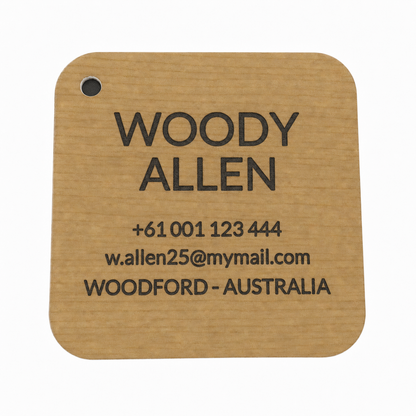 Cashew timber-look personalised luggage tag with charcoal engraving